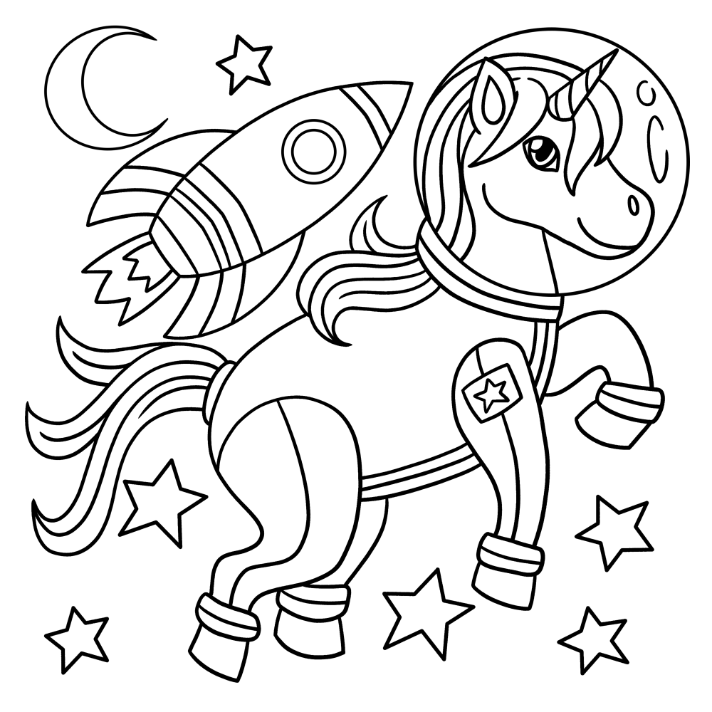 Space unicorn coloring page