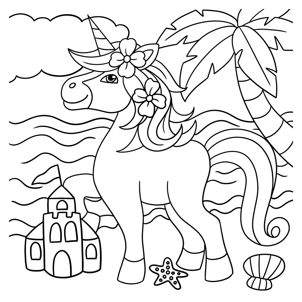 Unicorn beach coloring page