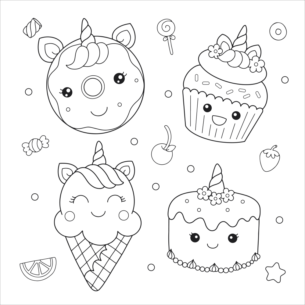 Unicorn dessert coloring pages